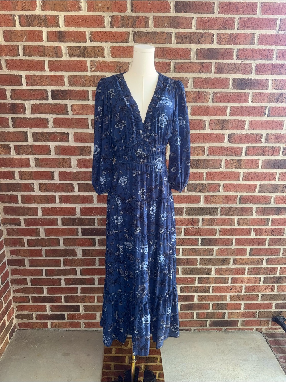 Maison Tara Floral Navy Blue Ruffle V-Neck Maxi Dress